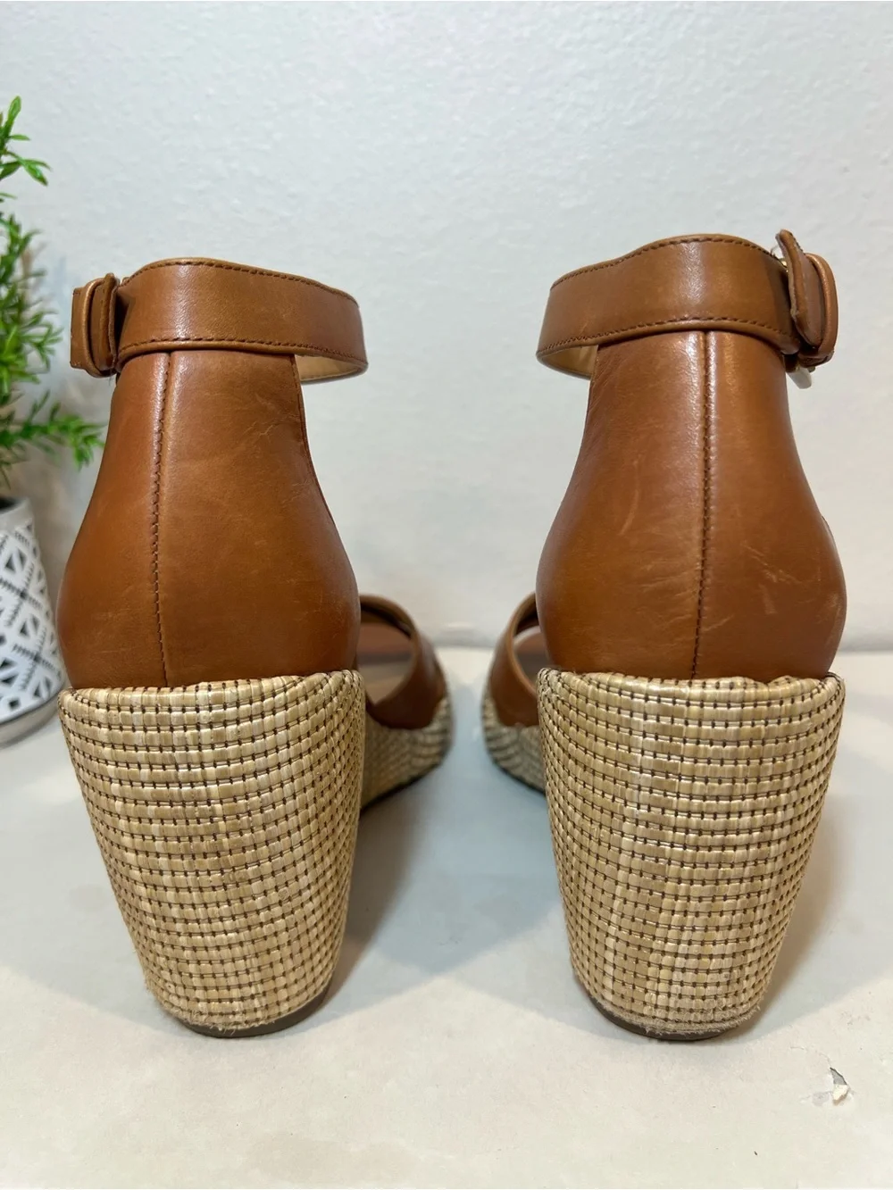Vionic Tan Leather Espadrille Wedge Sandals with Ankle Strap